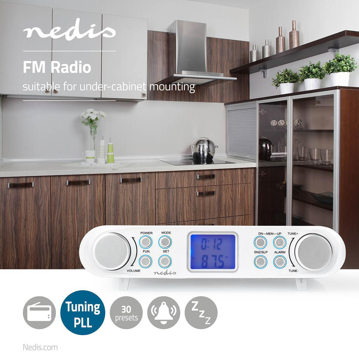 Küche Radio | Schaltschrankbau | FM | Netzstromversorgung | Digital | 1.5 W | 2 " | BSchwarz-Blau Monitor | Wecker | Silber / Weiss