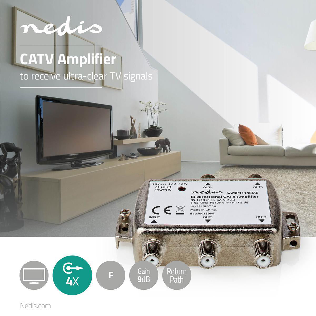 CATV-Verstärker | Verstärkung dBi (bei Antennenkabel): 9 dB | 85 - 1218 MHz | Anzahl der Ausgänge: 4 | Return path | Silber