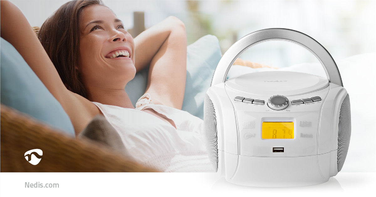 CD-Player Boombox | Batteriebetrieben / Netzstromversorgung | Stereo | 9 W | Bluetooth® | FM | USB Wiedergabe | Tragegriff | Weiss