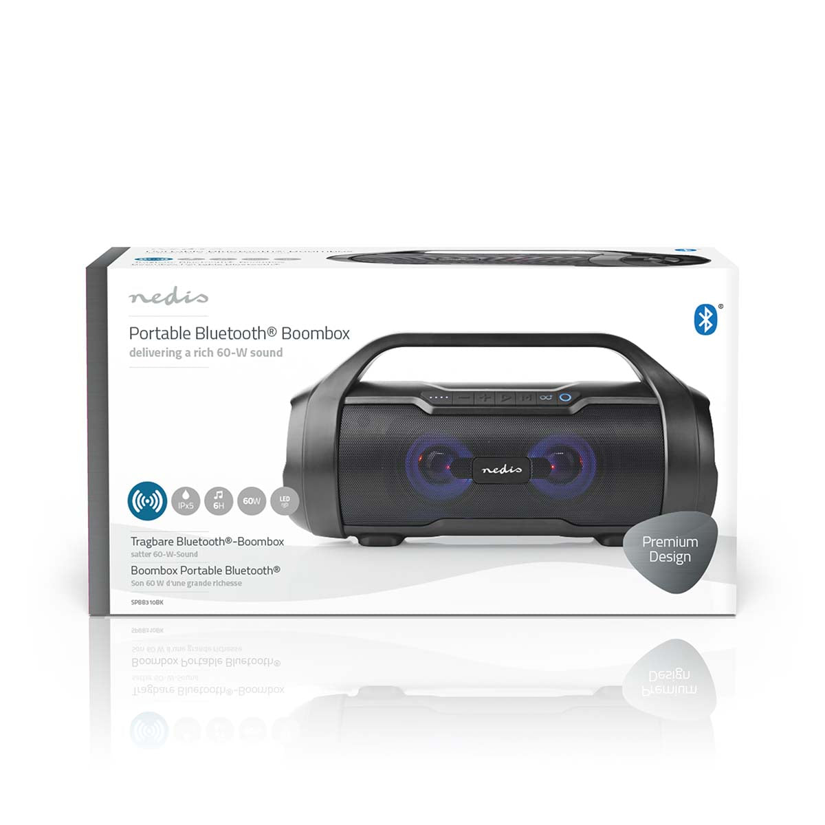 Bluetooth® Party Boombox | 6 Std | 2.0 | 120 W | Medienwiedergabe: AUX / Micro SD / USB | IPX5 | Verknüpfbar | Tragegriff | Partylicht | Schwarz