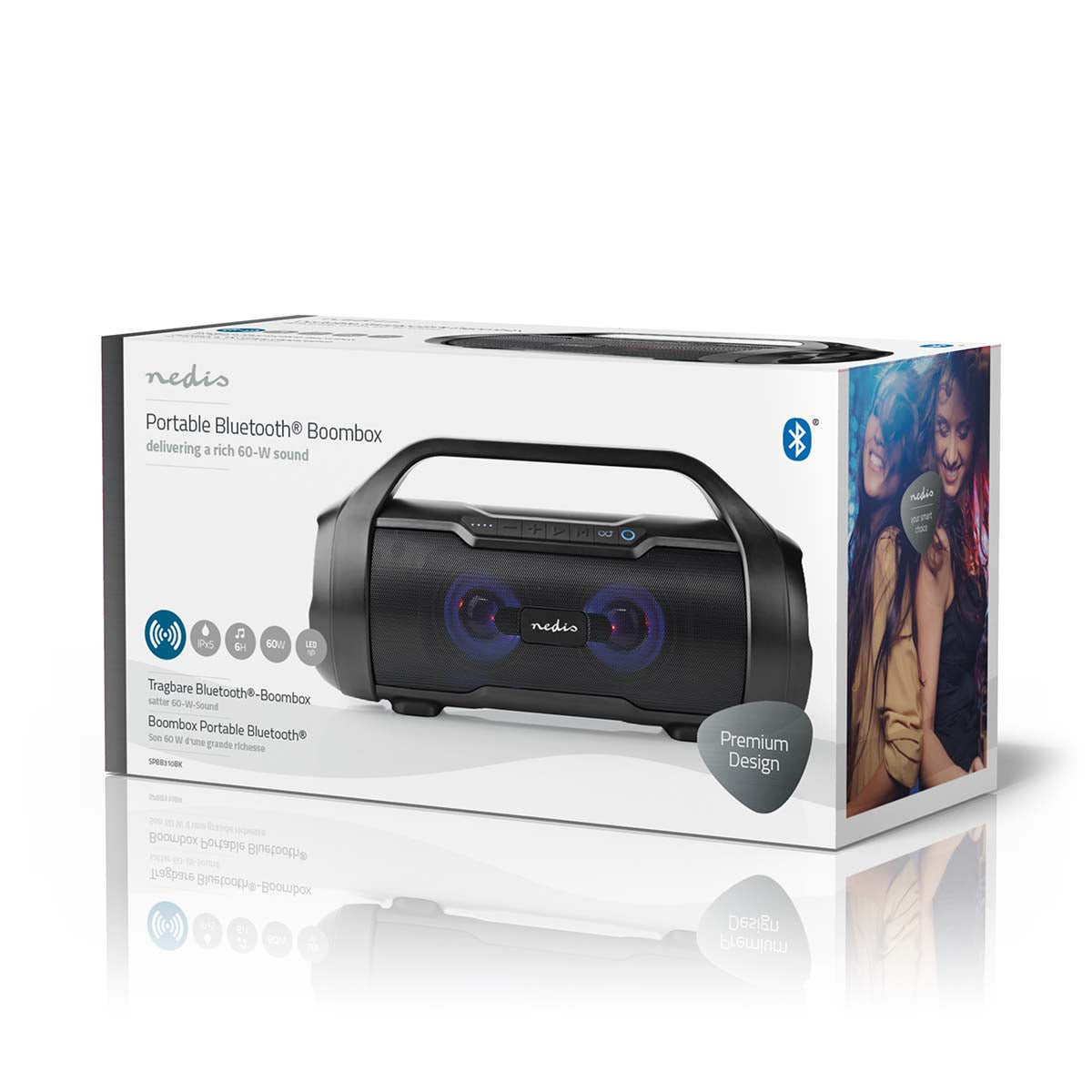 Bluetooth® Party Boombox | 6 Std | 2.0 | 120 W | Medienwiedergabe: AUX / Micro SD / USB | IPX5 | Verknüpfbar | Tragegriff | Partylicht | Schwarz