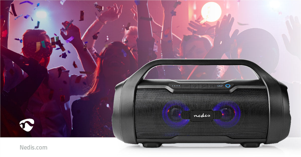 Bluetooth® Party Boombox | 6 Std | 2.0 | 120 W | Medienwiedergabe: AUX / Micro SD / USB | IPX5 | Verknüpfbar | Tragegriff | Partylicht | Schwarz