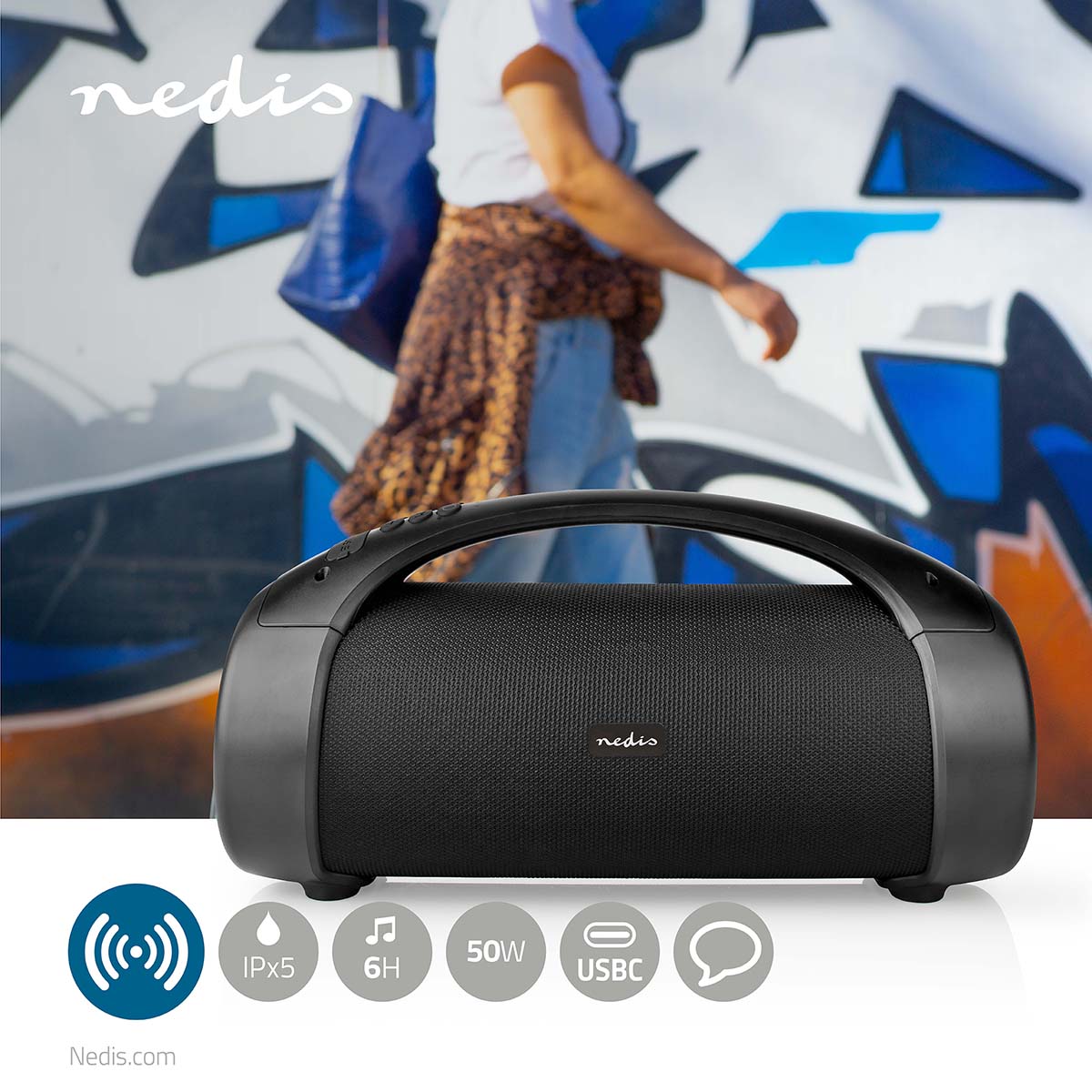 Bluetooth® Party Boombox | 6 Std | 2.0 | 50 W | Medienwiedergabe: AUX / USB | IPX5 | Verknüpfbar | Tragegriff | Partylicht | Schwarz