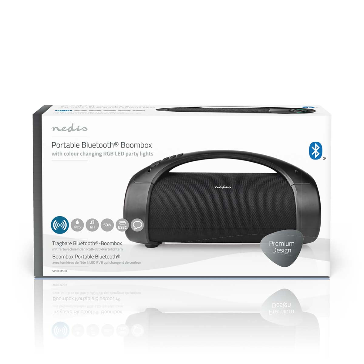 Bluetooth® Party Boombox | 6 Std | 2.0 | 50 W | Medienwiedergabe: AUX / USB | IPX5 | Verknüpfbar | Tragegriff | Partylicht | Schwarz