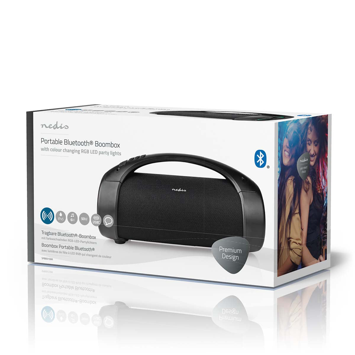 Bluetooth® Party Boombox | 6 Std | 2.0 | 50 W | Medienwiedergabe: AUX / USB | IPX5 | Verknüpfbar | Tragegriff | Partylicht | Schwarz