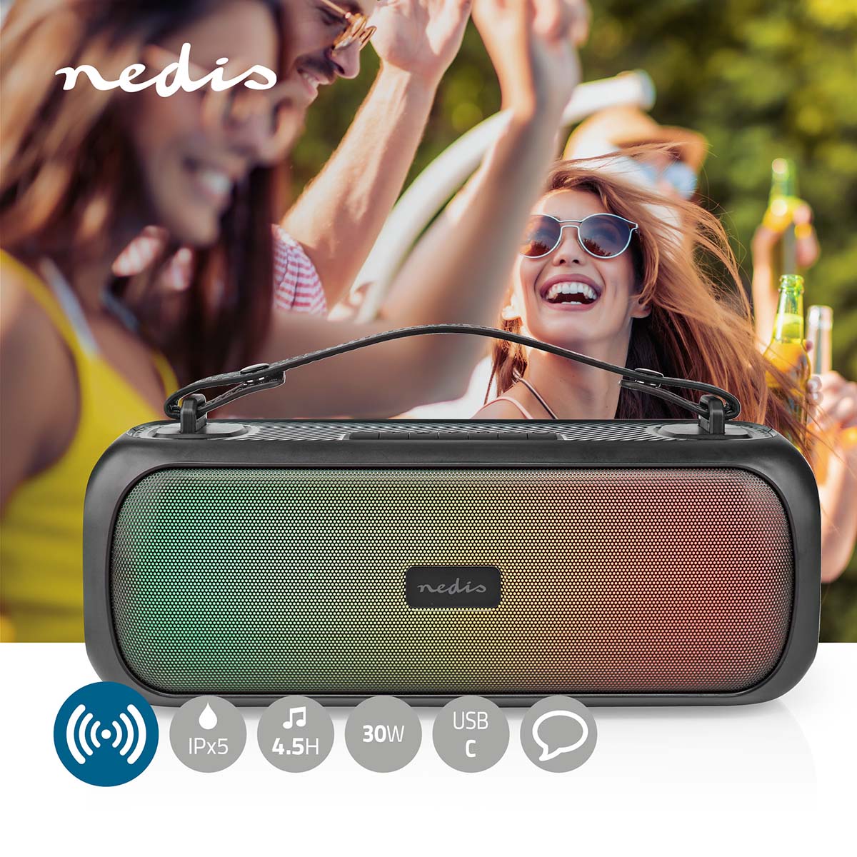 Bluetooth® Party Boombox | 4.5 Std | 2.0 | 45 W | Medienwiedergabe: AUX / USB | IPX5 | Verknüpfbar | Tragegriff | Partylicht | Schwarz