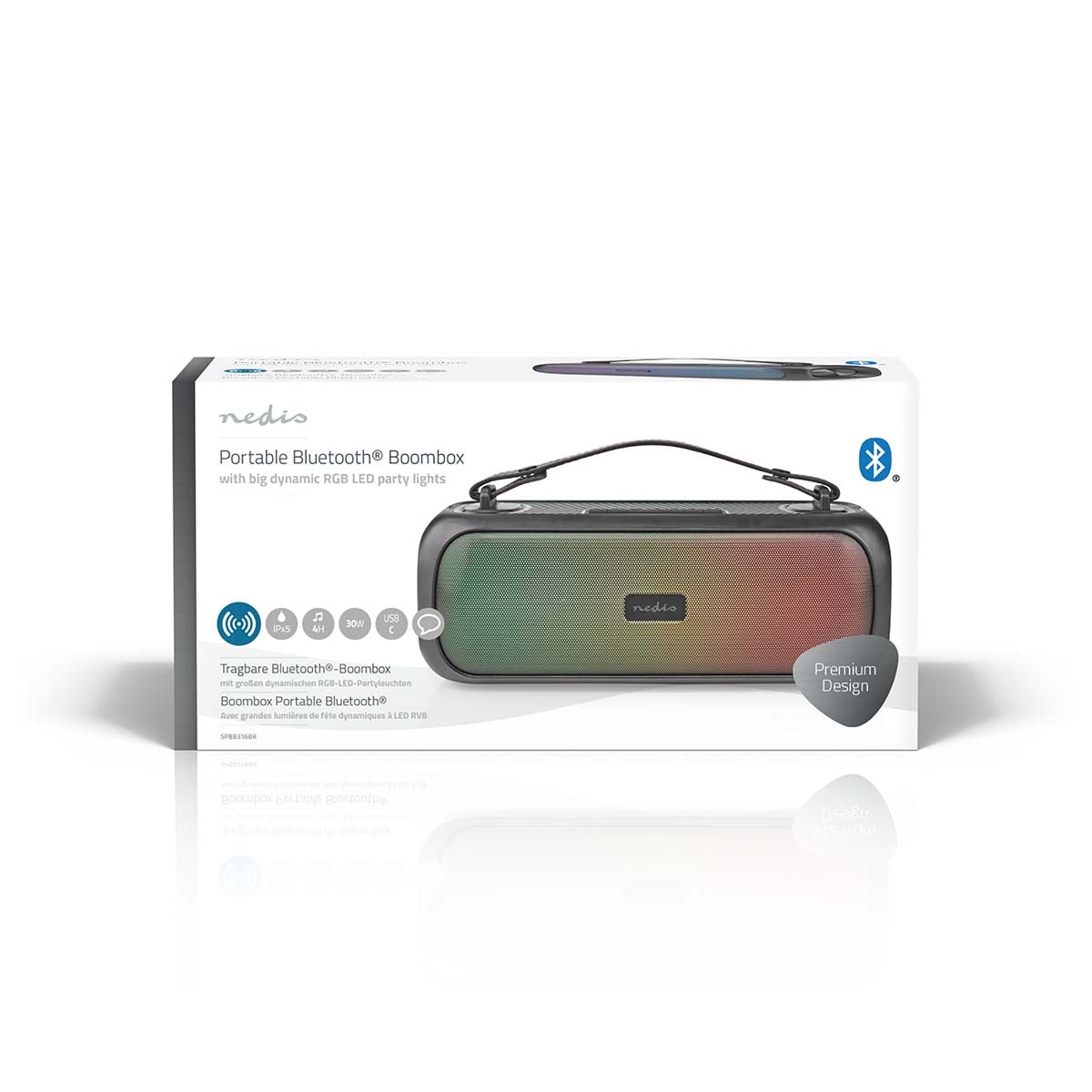 Bluetooth® Party Boombox | 4.5 Std | 2.0 | 45 W | Medienwiedergabe: AUX / USB | IPX5 | Verknüpfbar | Tragegriff | Partylicht | Schwarz