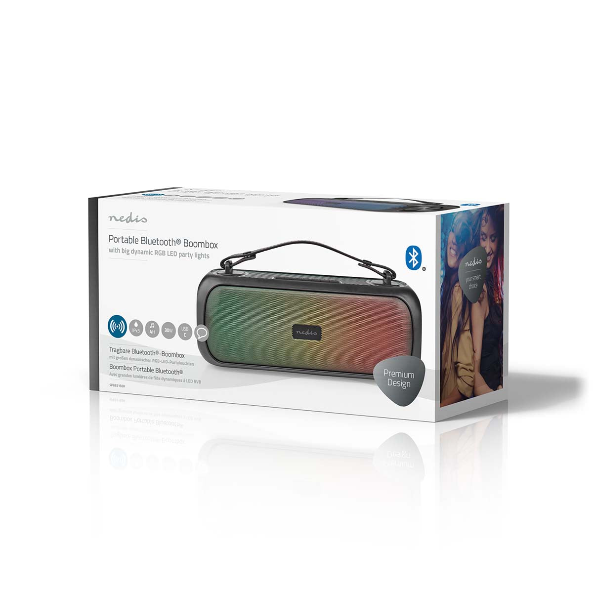 Bluetooth® Party Boombox | 4.5 Std | 2.0 | 45 W | Medienwiedergabe: AUX / USB | IPX5 | Verknüpfbar | Tragegriff | Partylicht | Schwarz