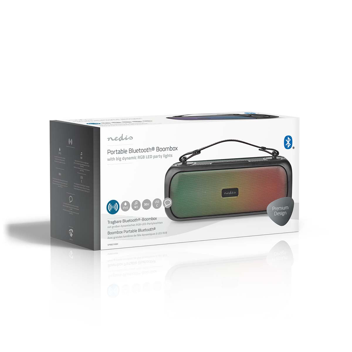 Bluetooth® Party Boombox | 4.5 Std | 2.0 | 45 W | Medienwiedergabe: AUX / USB | IPX5 | Verknüpfbar | Tragegriff | Partylicht | Schwarz