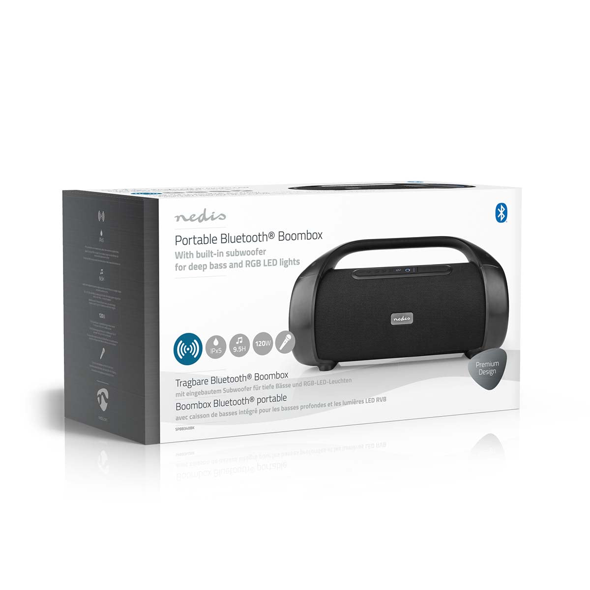 Bluetooth® Party Boombox | 9.5 Std | 2.1 | 120 W | Medienwiedergabe: AUX | IPX5 | Verknüpfbar | Tragegriff | Partylicht | Schwarz