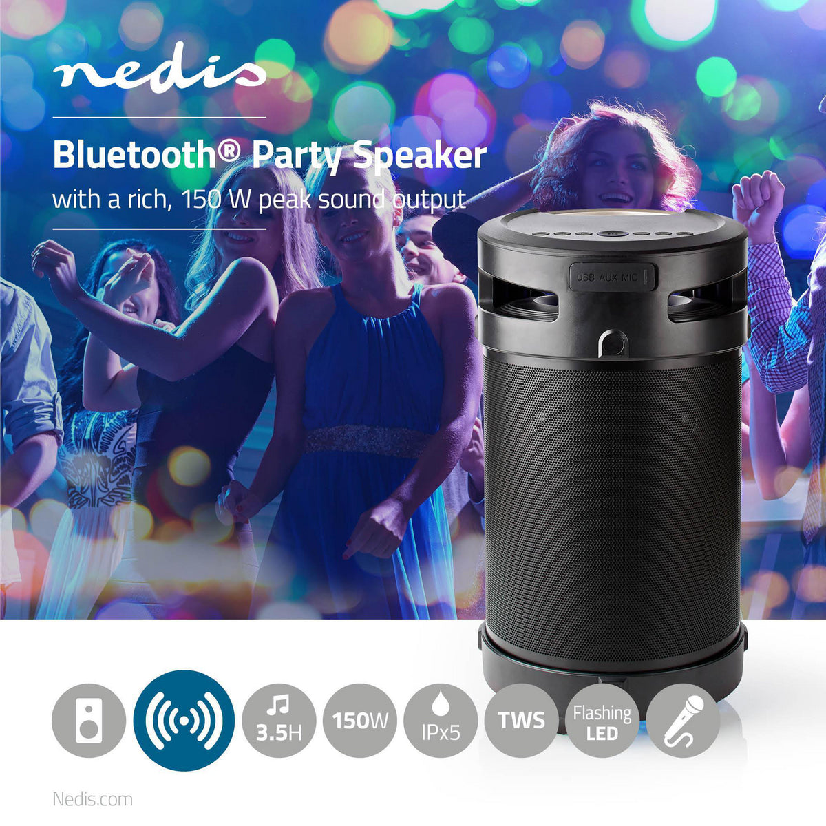 Bluetooth® Party Boombox | 3.5 Std | 4.1 | 210 W | Medienwiedergabe: AUX / USB | IPX5 | Verknüpfbar | Tragegriff | Partylicht | Schwarz / Silber