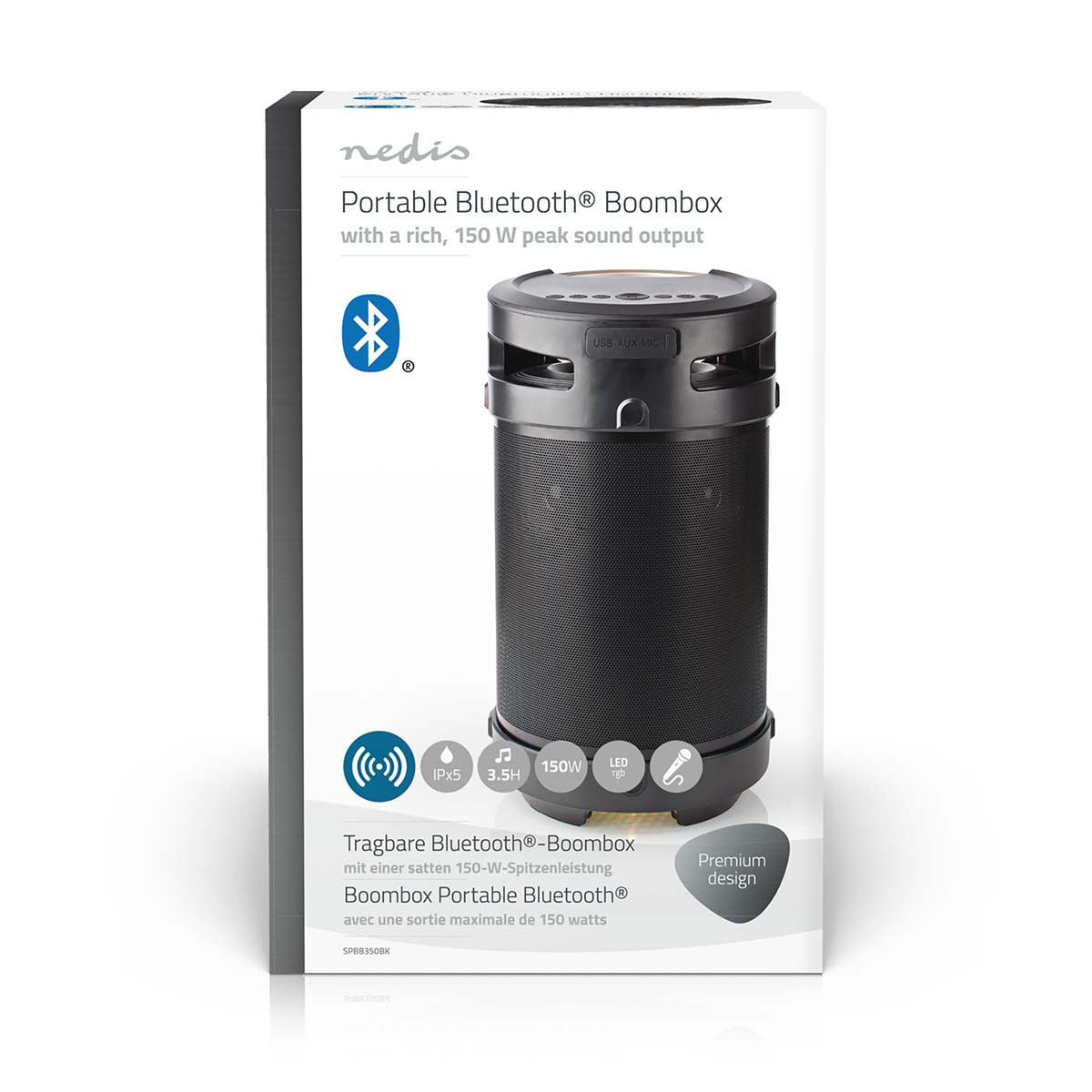 Bluetooth® Party Boombox | 3.5 Std | 4.1 | 210 W | Medienwiedergabe: AUX / USB | IPX5 | Verknüpfbar | Tragegriff | Partylicht | Schwarz / Silber