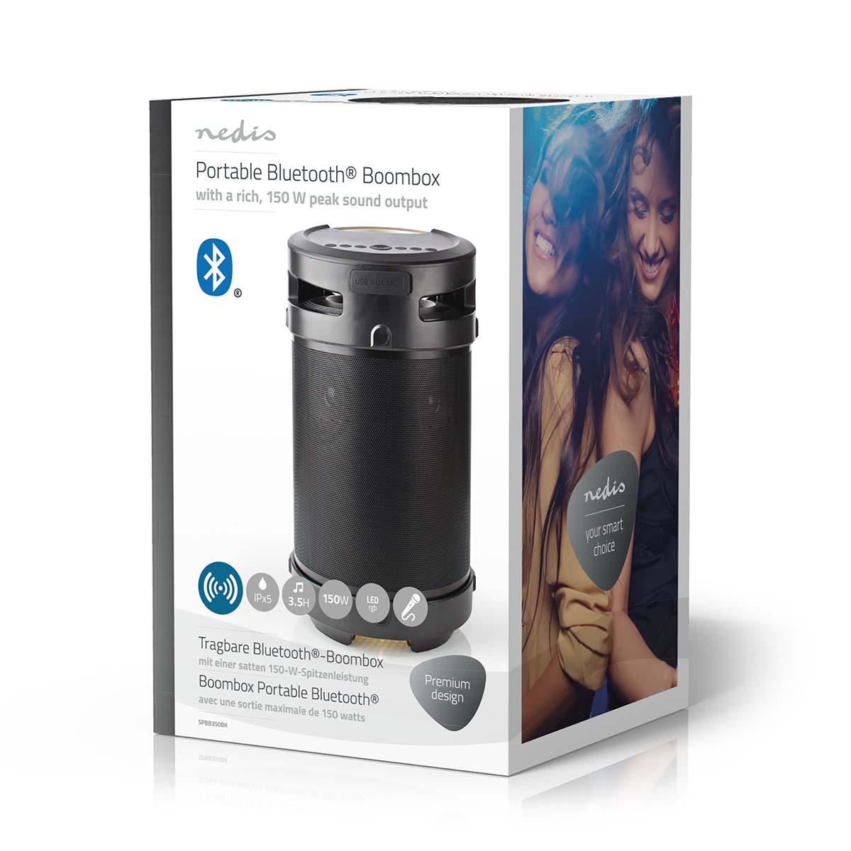 Bluetooth® Party Boombox | 3.5 Std | 4.1 | 210 W | Medienwiedergabe: AUX / USB | IPX5 | Verknüpfbar | Tragegriff | Partylicht | Schwarz / Silber