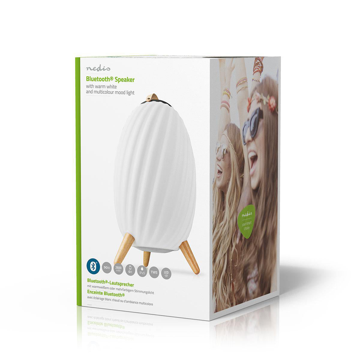 Bluetooth-Lautsprecher mit Mood Light | 6 Std | Ambiente Design | 90 W | Mono | RGB / Warmweiss | IPX5 | Verknüpfbar | Grau / Weiss
