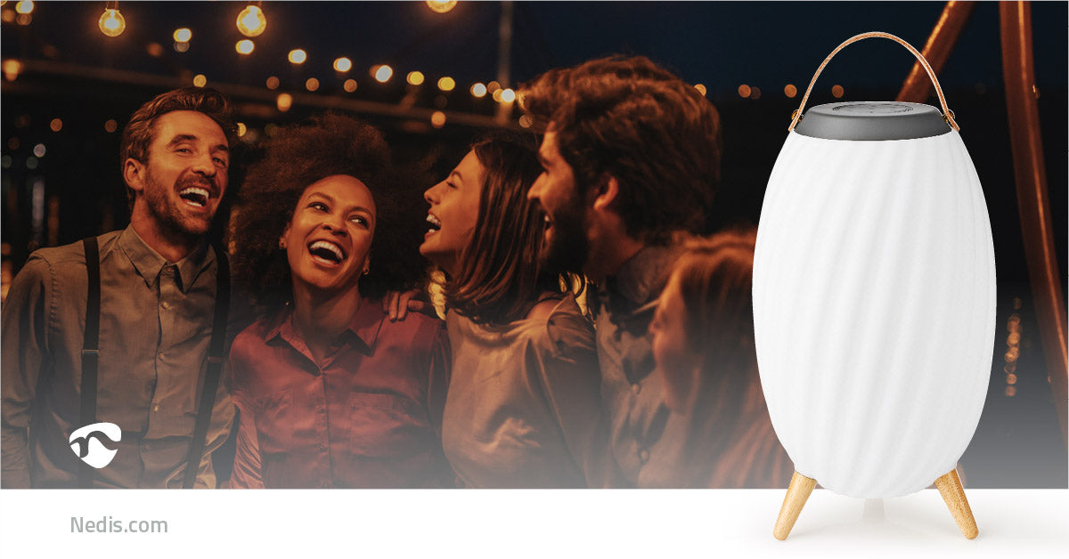 Bluetooth-Lautsprecher mit Mood Light | 6 Std | Ambiente Design | 90 W | Mono | RGB / Warmweiss | IPX5 | Verknüpfbar | Grau / Weiss