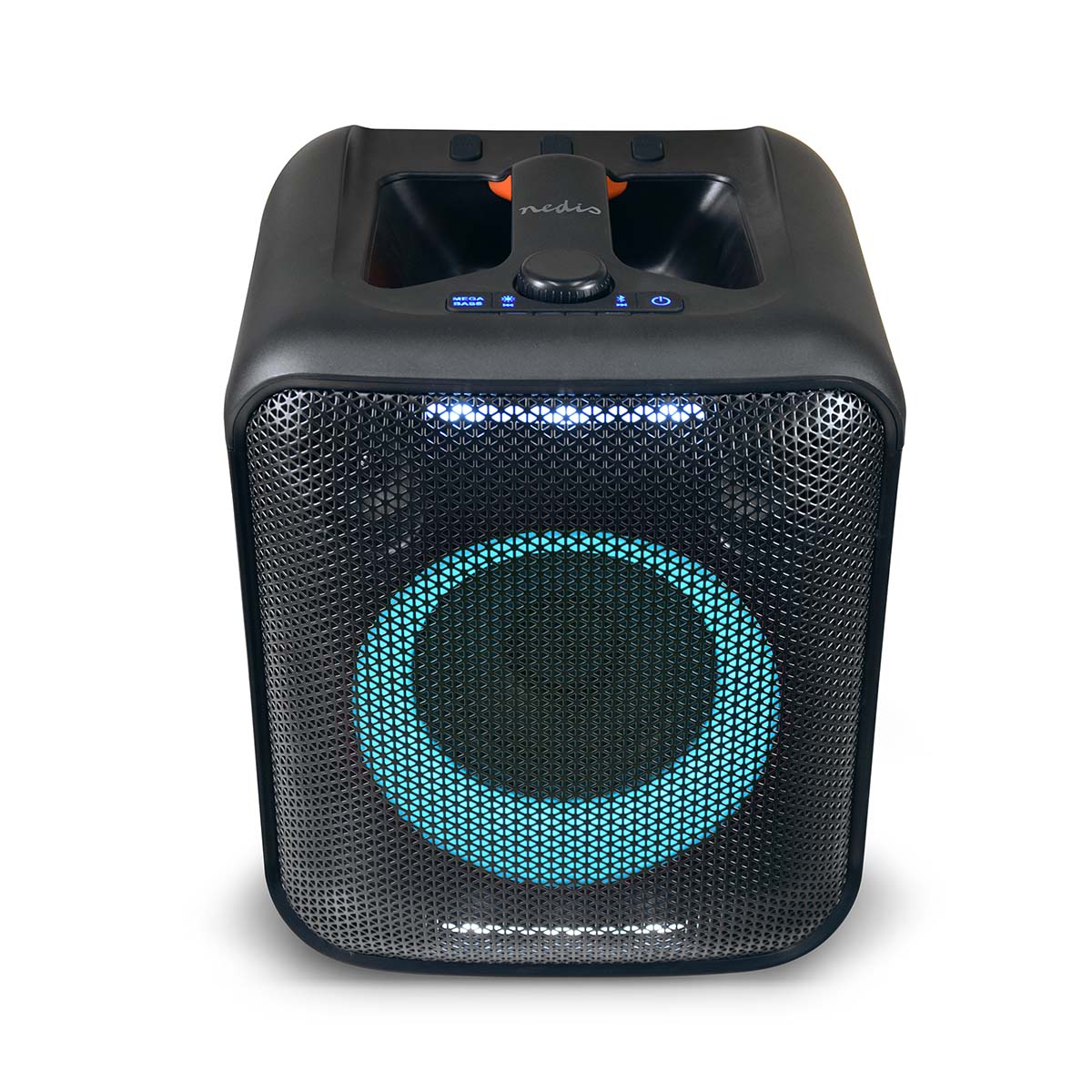 Bluetooth®-Party-Lautsprecher | max. Batteriespielzeit: 5 Std | 150 W | Tragegriff | Partylicht | Verknüpfbar | Equalizer | Orange / Schwarz