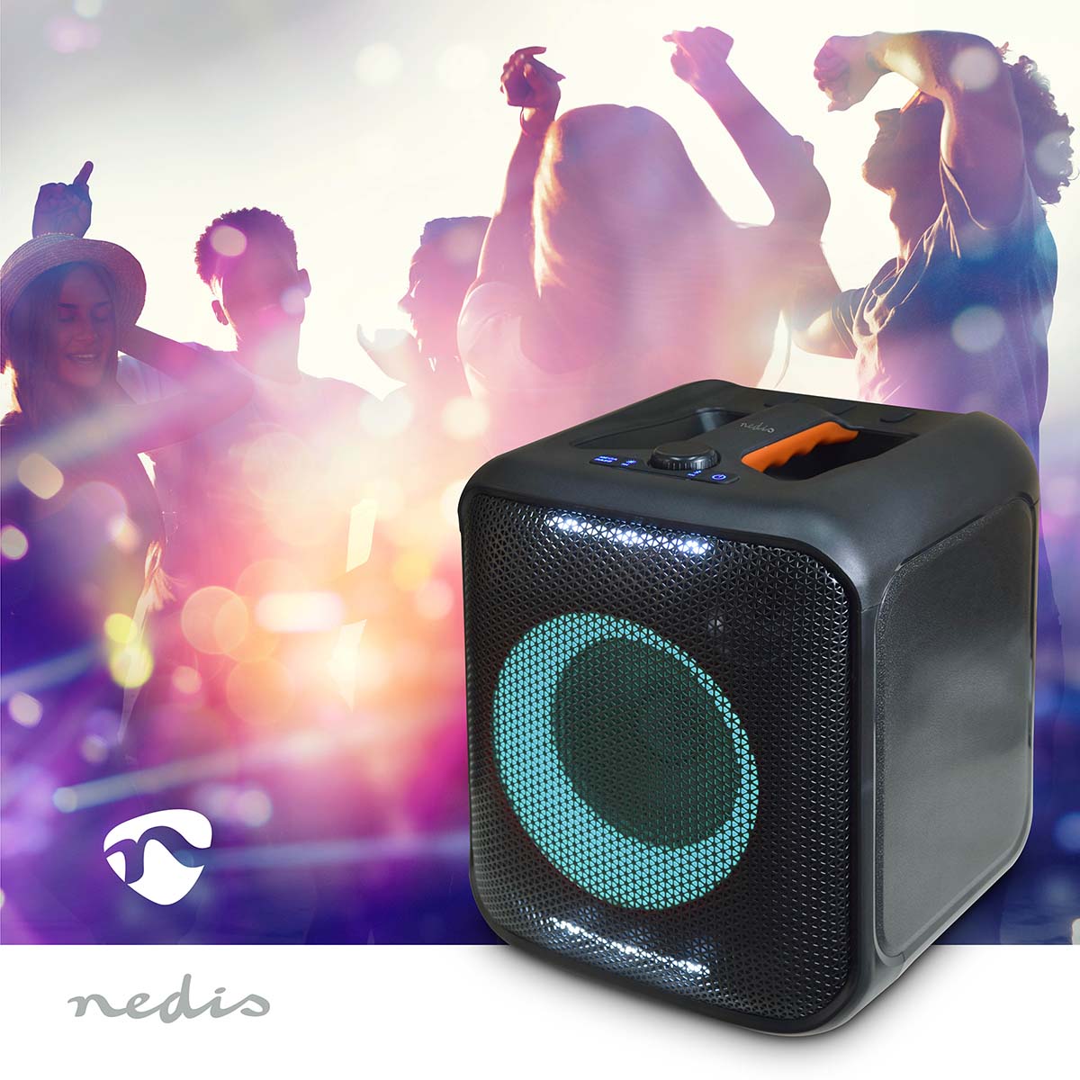 Bluetooth®-Party-Lautsprecher | max. Batteriespielzeit: 5 Std | 150 W | Tragegriff | Partylicht | Verknüpfbar | Equalizer | Orange / Schwarz