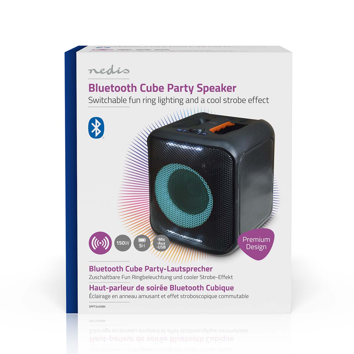 Bluetooth®-Party-Lautsprecher | max. Batteriespielzeit: 5 Std | 150 W | Tragegriff | Partylicht | Verknüpfbar | Equalizer | Orange / Schwarz