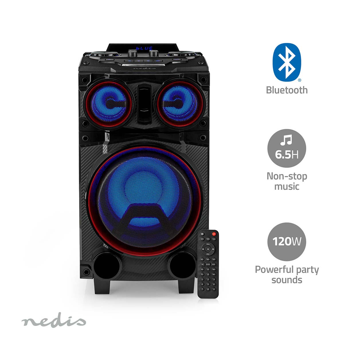 Bluetooth®-Party-Lautsprecher | max. Batteriespielzeit: 6.5 Std | 120 W | Tragegriff | Partylicht | Equalizer | Schwarz