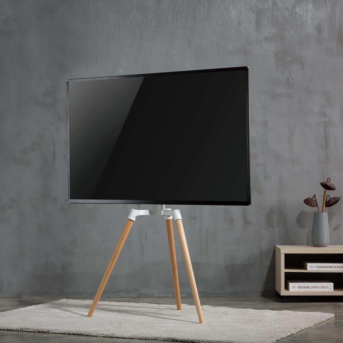 TV Bodenständer | 50 - 65 " | maximal unterstützes Bildschirmgewicht: 35 kg | Scandinavian Design | drehbar | Anti-Kipp-Gurt | Schnappverschluss | Aluminium / Stahl | Weiss