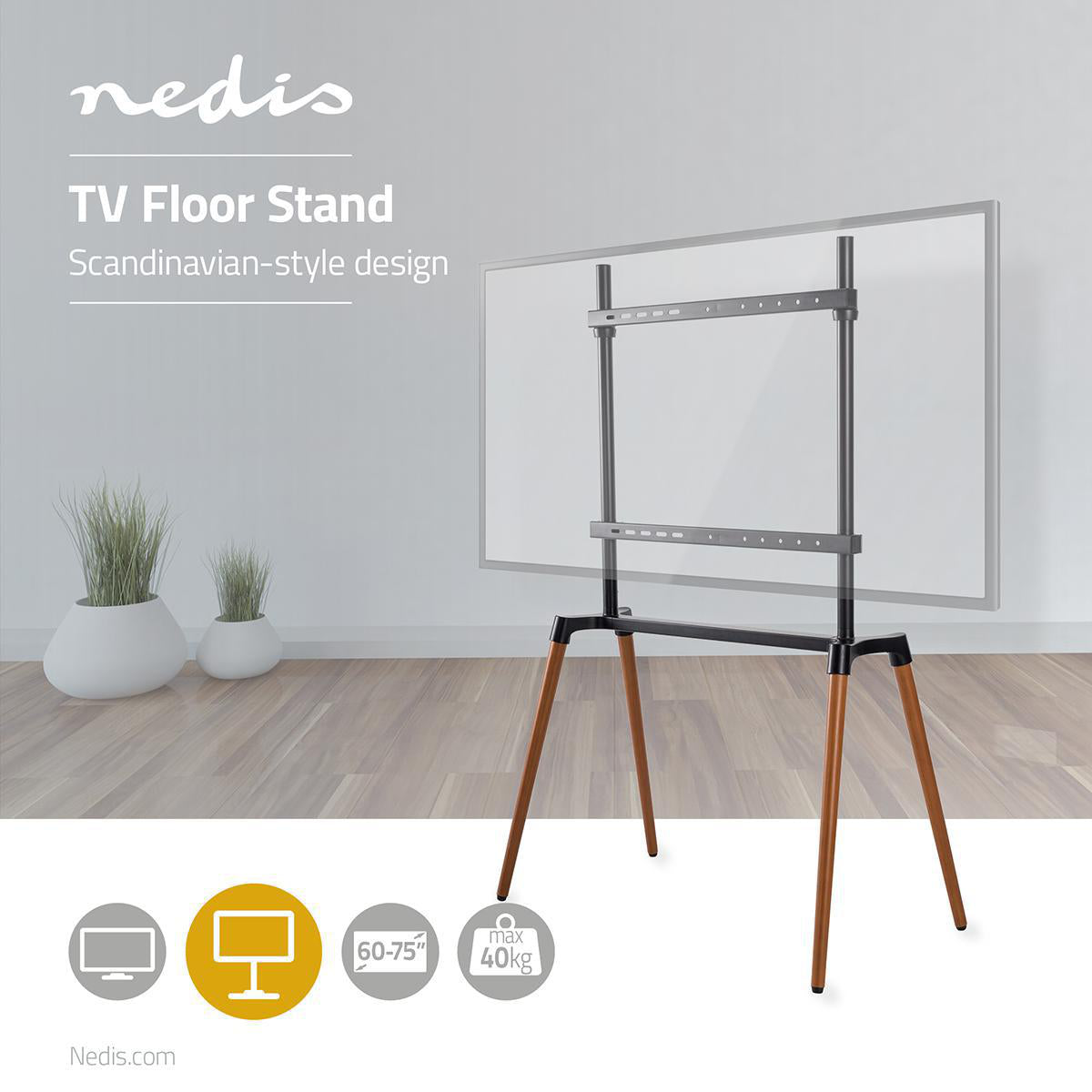 TV Bodenständer | 60-75 " | maximal unterstützes Bildschirmgewicht: 40 kg | Scandinavian Design | Anti-Kipp-Gurt | Schnappverschluss | Aluminium / Stahl | Schwarz