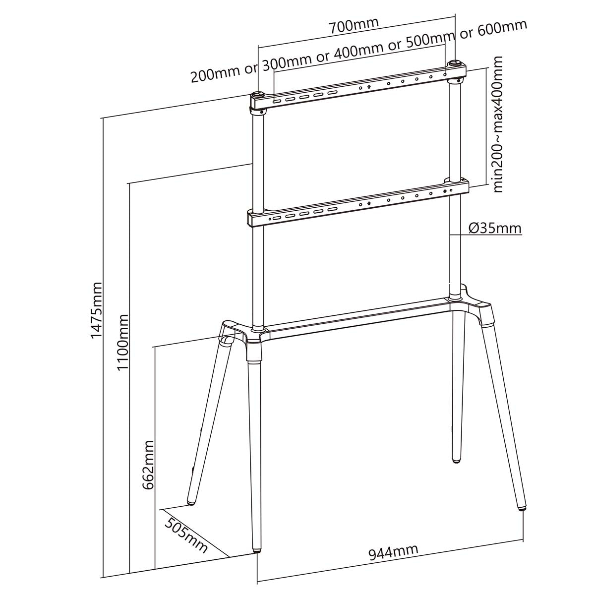 TV Bodenständer | 60-75 " | maximal unterstützes Bildschirmgewicht: 40 kg | Scandinavian Design | Anti-Kipp-Gurt | Schnappverschluss | Aluminium / Stahl | Schwarz