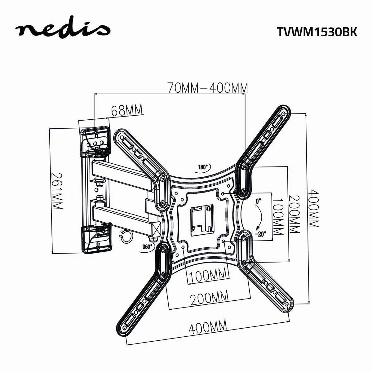 Vollbewegliche-TV-Wandhalterung | 23-55 " | maximal unterstützes Bildschirmgewicht: 30 kg | kippbar | drehbar | Minimaler Wandabstand: 70 mm | Maximaler Wandabstand: 400 mm | 3 Drehpunkt(e) | ABS / Stahl | Schwarz