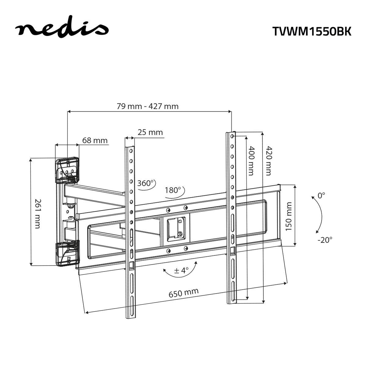 Vollbewegliche-TV-Wandhalterung | 37-70 " | maximal unterstützes Bildschirmgewicht: 25 kg | kippbar | drehbar | Minimaler Wandabstand: 79 mm | Maximaler Wandabstand: 427 mm | 3 Drehpunkt(e) | ABS / Stahl | Schwarz