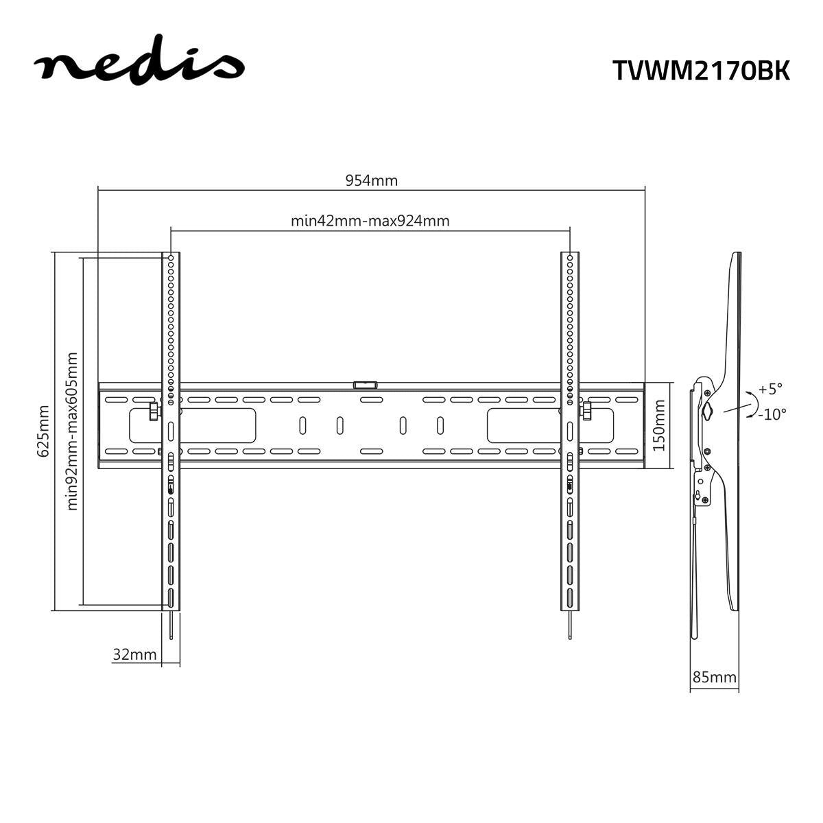 Neigbare TV-Wandhalterung | 60-100 " | maximal unterstützes Bildschirmgewicht: 75 kg | kippbar: 5 ° | Minimaler Wandabstand: 85 mm | Stahl | Schwarz