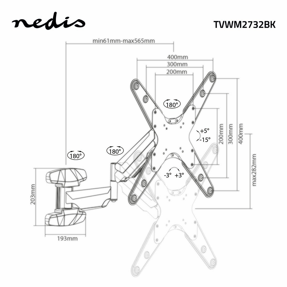 Schwenkbare TV-Wandhalterung | 23-55 " | maximal unterstützes Bildschirmgewicht: 30 kg | Vertikale Bewegung: 0-282 mm | Minimaler Wandabstand: 61 mm | Maximaler Wandabstand: 565 mm | kippbar | drehbar | 3 Drehpunkt(e) | ABS / Stahl | Schwarz