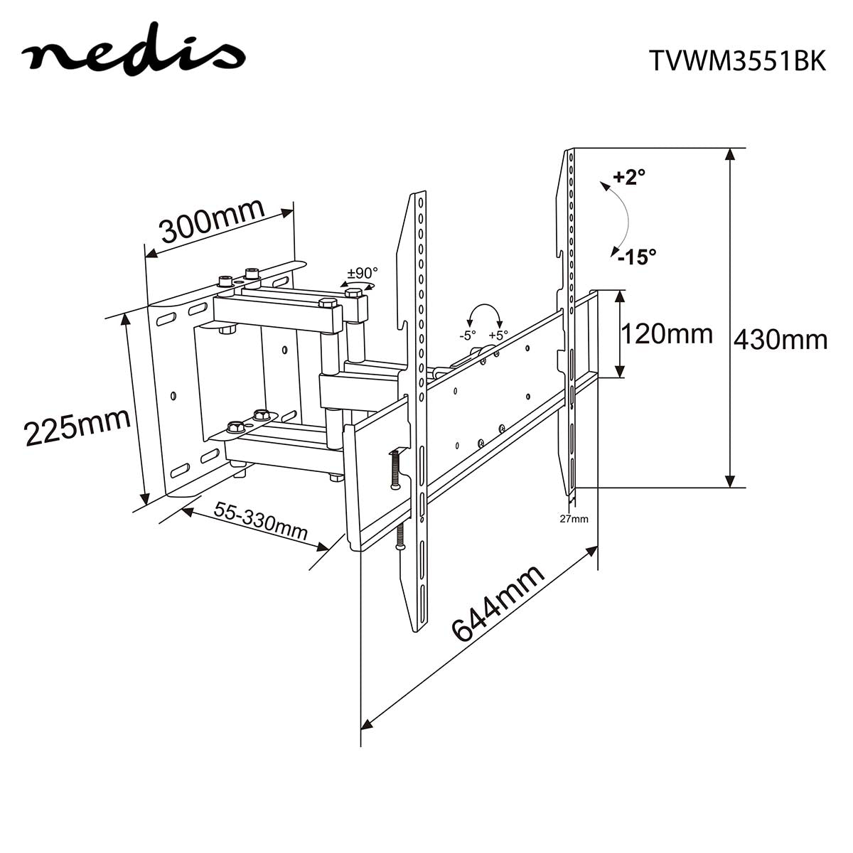 Vollbewegliche-TV-Wandhalterung | 37-80 " | maximal unterstützes Bildschirmgewicht: 35 kg | kippbar | drehbar | Minimaler Wandabstand: 55 mm | Maximaler Wandabstand: 330 mm | 6 Drehpunkt(e) | Stahl | Schwarz