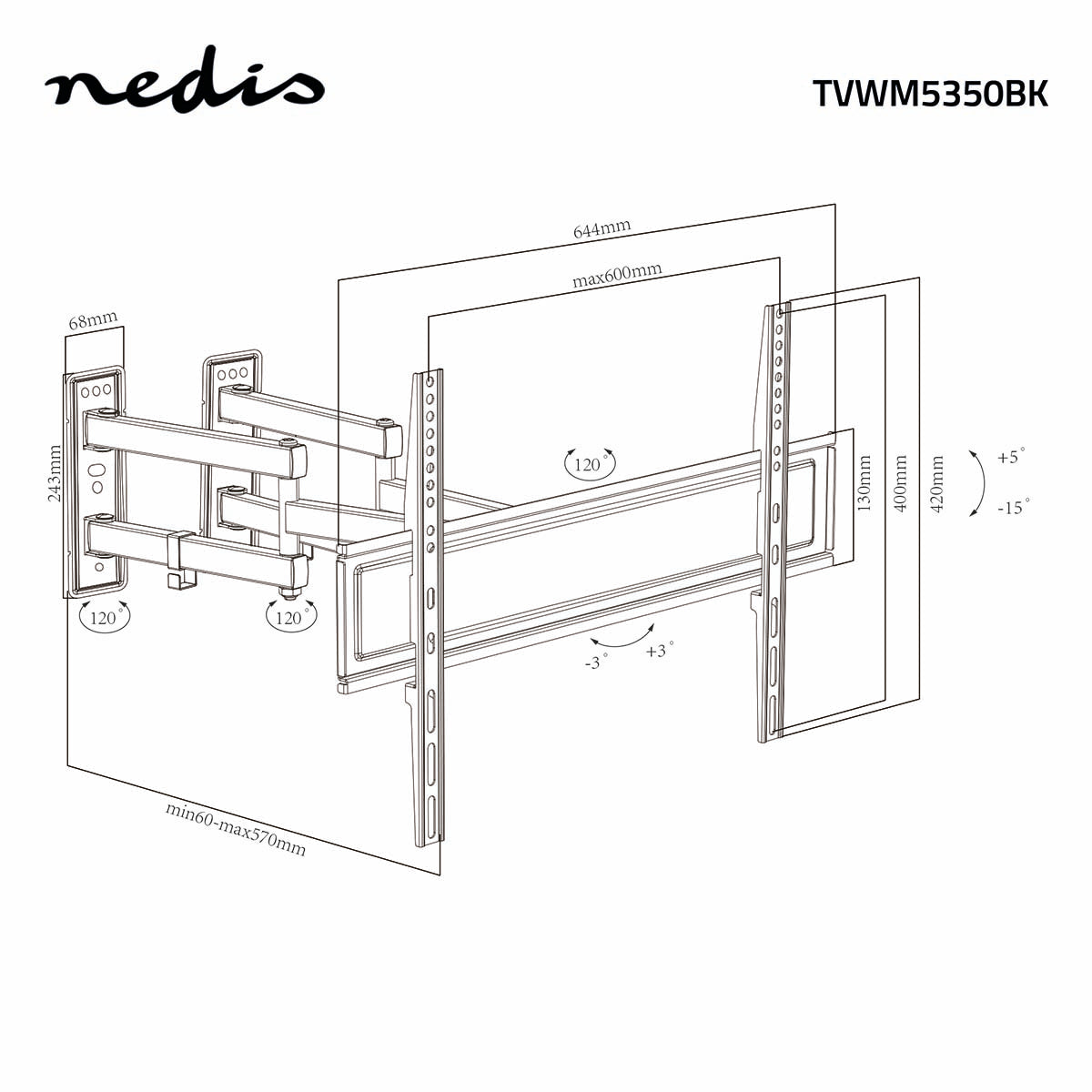 Vollbewegliche-TV-Wandhalterung | 32-70 " | maximal unterstützes Bildschirmgewicht: 40 kg | kippbar | drehbar | Minimaler Wandabstand: 80 mm | Maximaler Wandabstand: 520 mm | 3 Drehpunkt(e) | Stahl | Schwarz