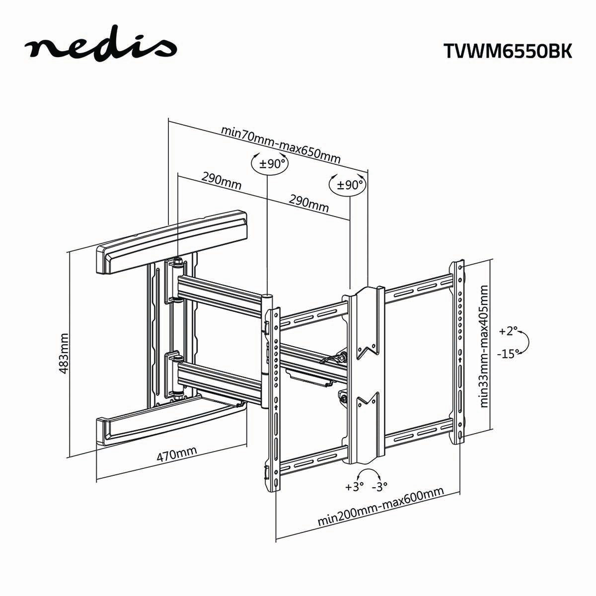 Vollbewegliche-TV-Wandhalterung | 37-80 " | maximal unterstützes Bildschirmgewicht: 50 kg | kippbar | drehbar | Minimaler Wandabstand: 70 mm | Maximaler Wandabstand: 650 mm | 3 Drehpunkt(e) | Stahl | Schwarz