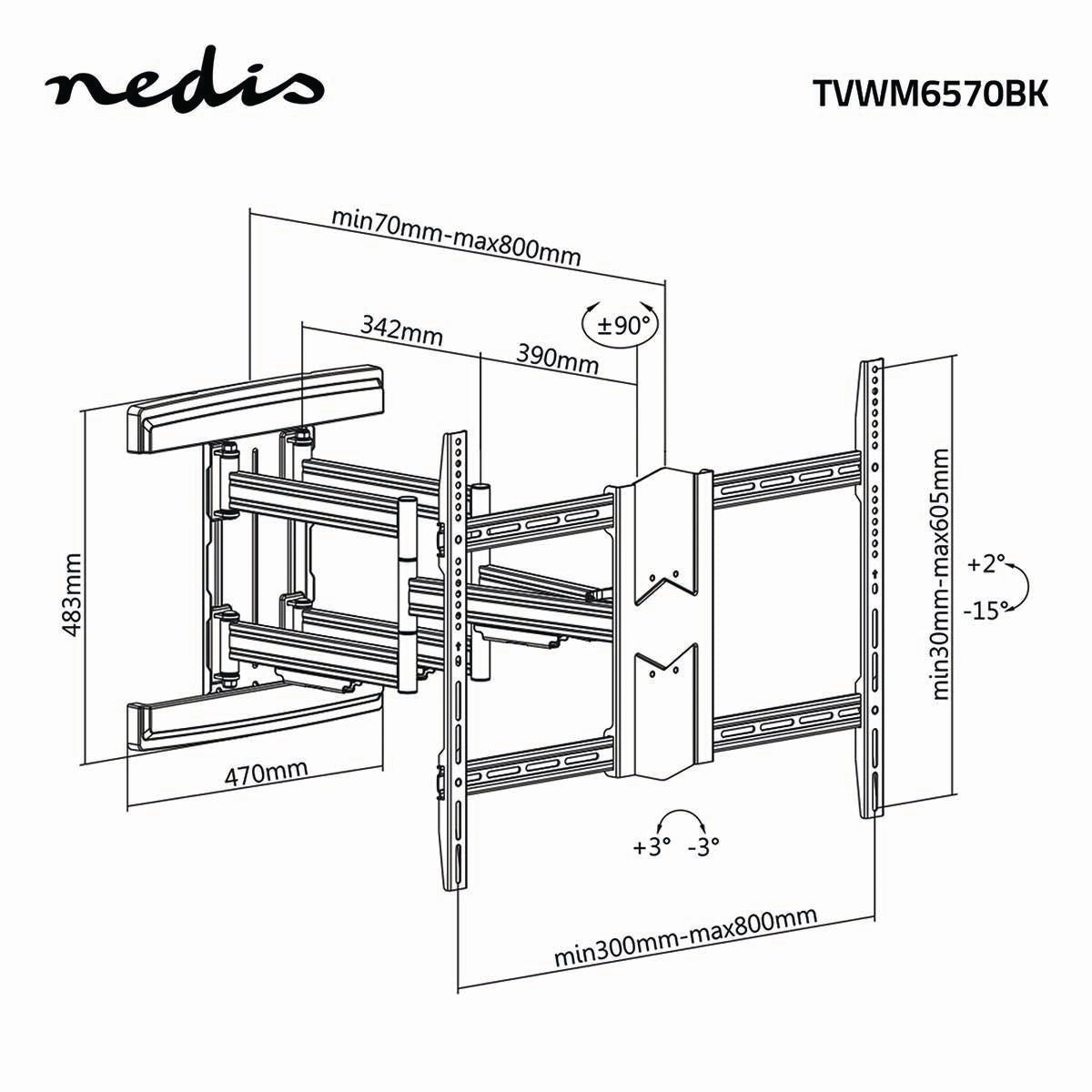 Vollbewegliche-TV-Wandhalterung | 43 - 100 " | maximal unterstützes Bildschirmgewicht: 70 kg | kippbar | drehbar | Minimaler Wandabstand: 70 mm | Maximaler Wandabstand: 800 mm | 3 Drehpunkt(e) | Stahl | Schwarz