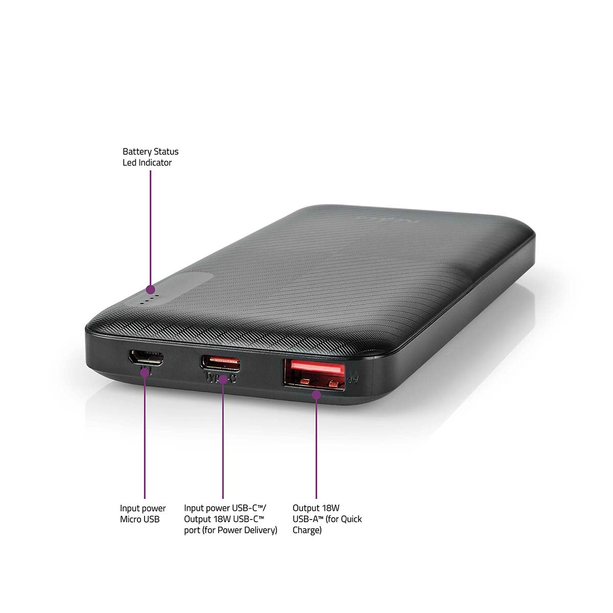 powerbank | 10000 mAh | 1.5 / 2.0 / 3.0 A | Anzahl der Ausgänge: 2 | Ausgangsanschluss: 1x USB-A / 1x USB-C™ | Eingangsverbindung: 1x Micro USB / 1x USB-C™ | PD2.0 18W | Lithium-Polymer