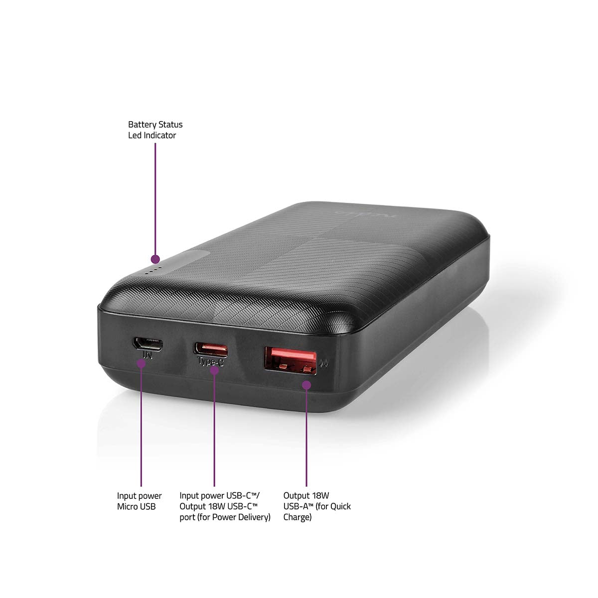 powerbank | 20000 mAh | 1.5 / 2.0 / 3.0 A | Anzahl der Ausgänge: 2 | Ausgangsanschluss: 1x USB-A / 1x USB-C™ | Eingangsverbindung: 1x Micro USB / 1x USB-C™ | PD2.0 18W | Lithium-Polymer