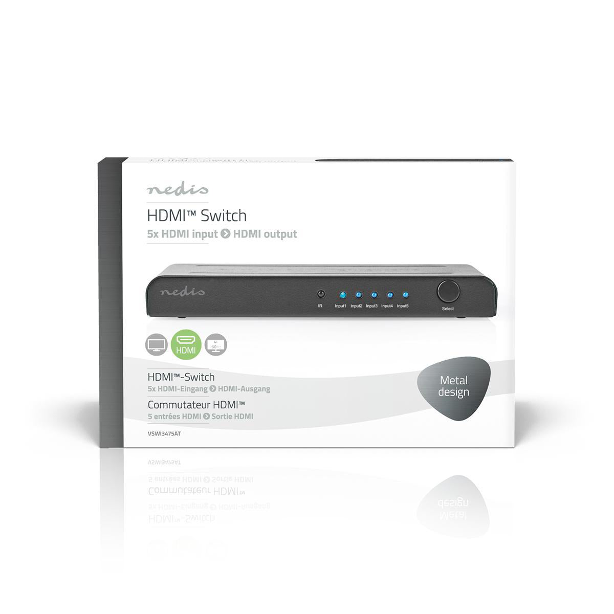 HDMI ™ Schalter | 5-Port port(s) | 5x HDMI™ Eingang | 1x HDMI™ Ausgang | 4K@60Hz | 18 Gbps | ferngesteuert | Metall | Anthrazit