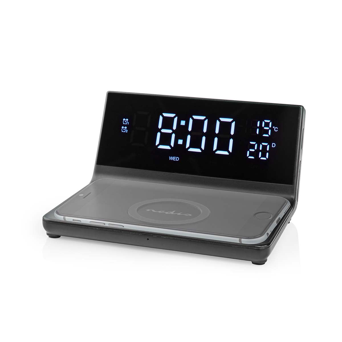 Wecker Kabelloses Ladegreät | Qi zertifiziert | 5 / 7.5 / 10 / 15 W | USB-A Stecker | 2 Alarmzeiten | Snooze-Funktion