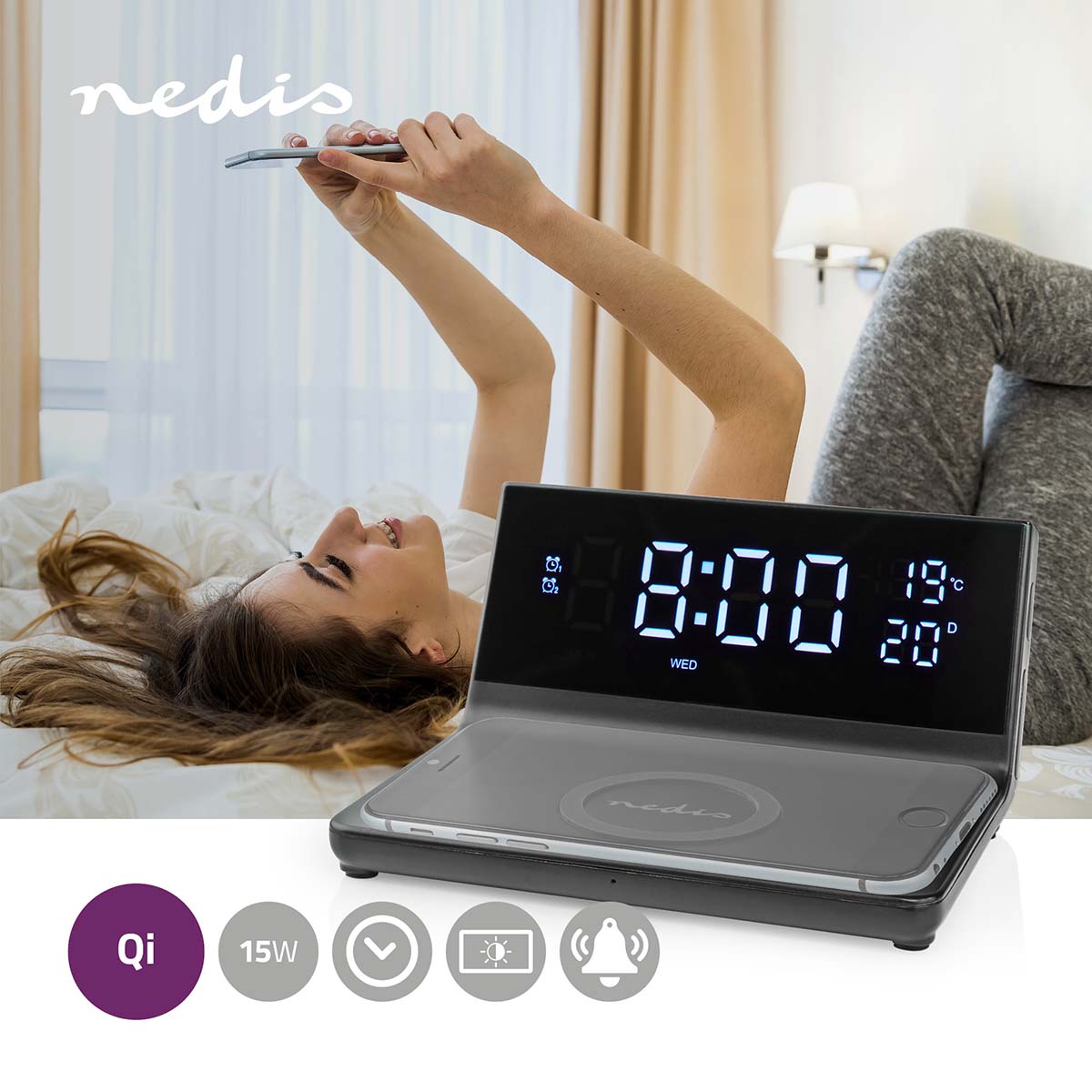 Wecker Kabelloses Ladegreät | Qi zertifiziert | 5 / 7.5 / 10 / 15 W | USB-A Stecker | 2 Alarmzeiten | Snooze-Funktion