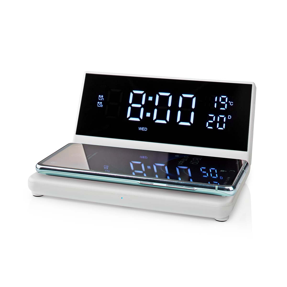 Wecker Kabelloses Ladegreät | Qi zertifiziert | 5 / 7.5 / 10 / 15 W | USB-A Stecker | 2 Alarmzeiten | Snooze-Funktion