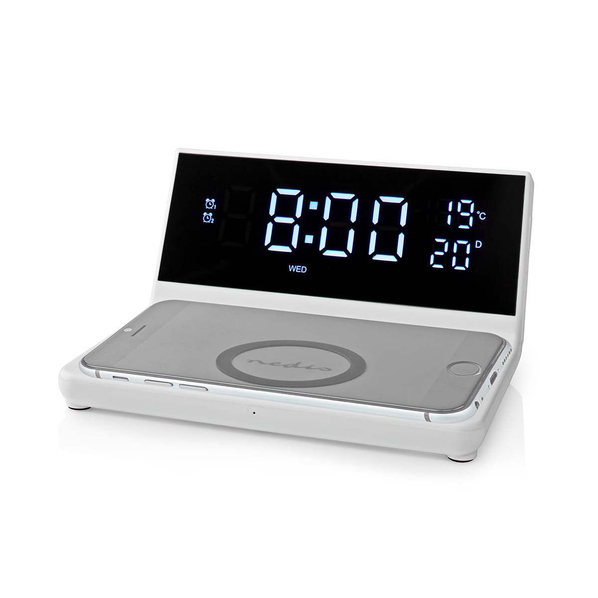 Wecker Kabelloses Ladegreät | Qi zertifiziert | 5 / 7.5 / 10 / 15 W | USB-A Stecker | 2 Alarmzeiten | Snooze-Funktion