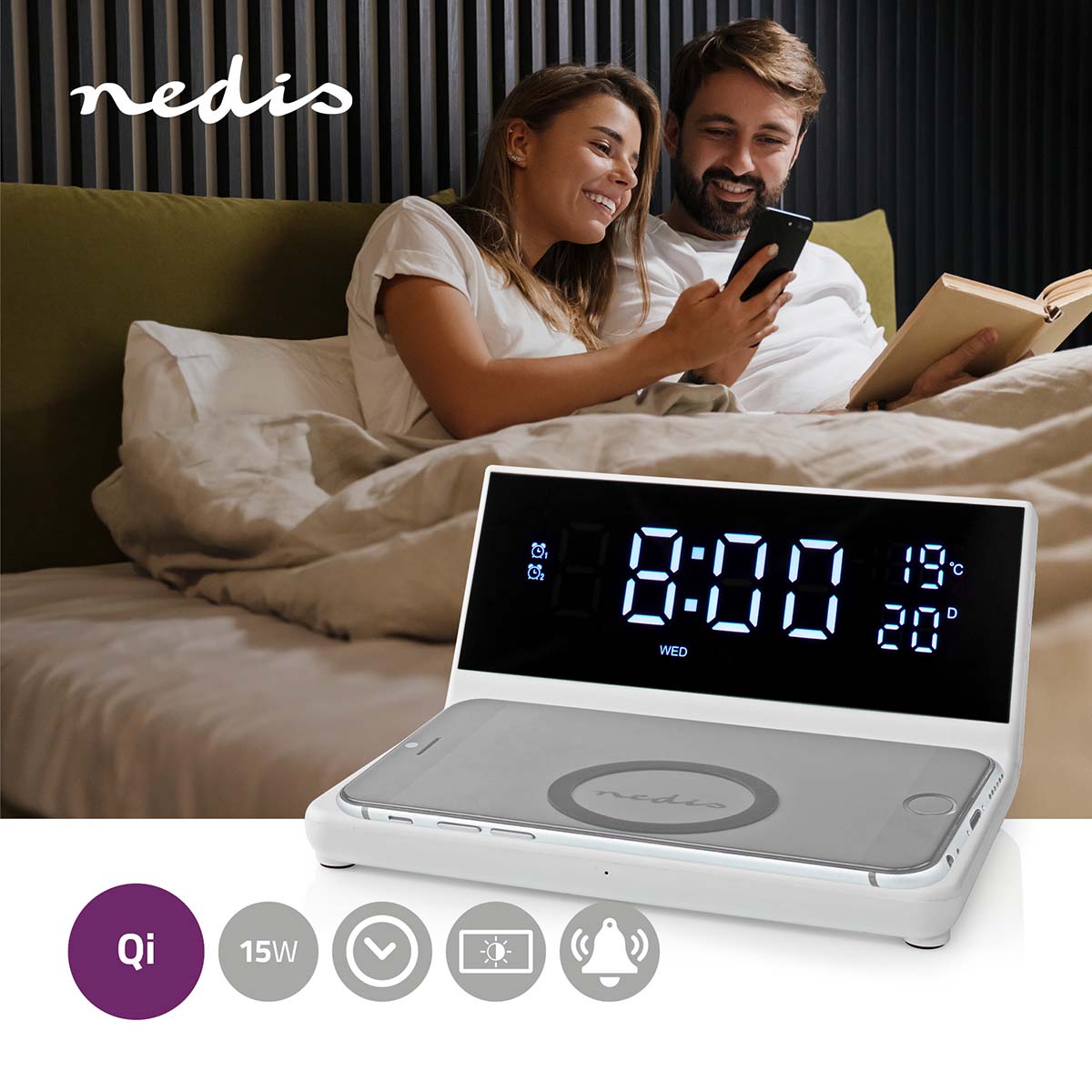 Wecker Kabelloses Ladegreät | Qi zertifiziert | 5 / 7.5 / 10 / 15 W | USB-A Stecker | 2 Alarmzeiten | Snooze-Funktion