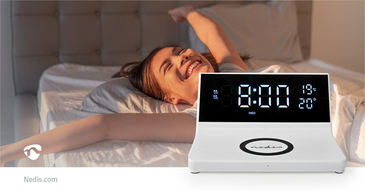 Wecker Kabelloses Ladegreät | Qi zertifiziert | 5 / 7.5 / 10 / 15 W | USB-A Stecker | 2 Alarmzeiten | Snooze-Funktion