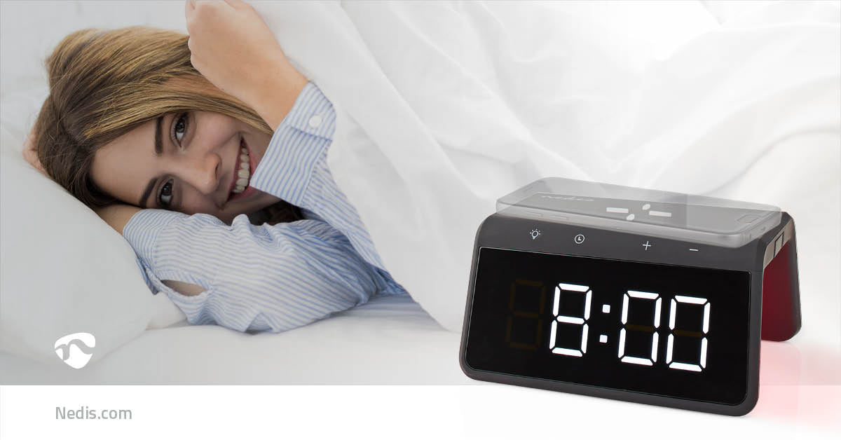 Wecker Kabelloses Ladegreät | Qi zertifiziert | 5 / 7.5 / 10 / 15 W | USB-A Stecker | Nachtlicht | 2 Alarmzeiten | Snooze-Funktion