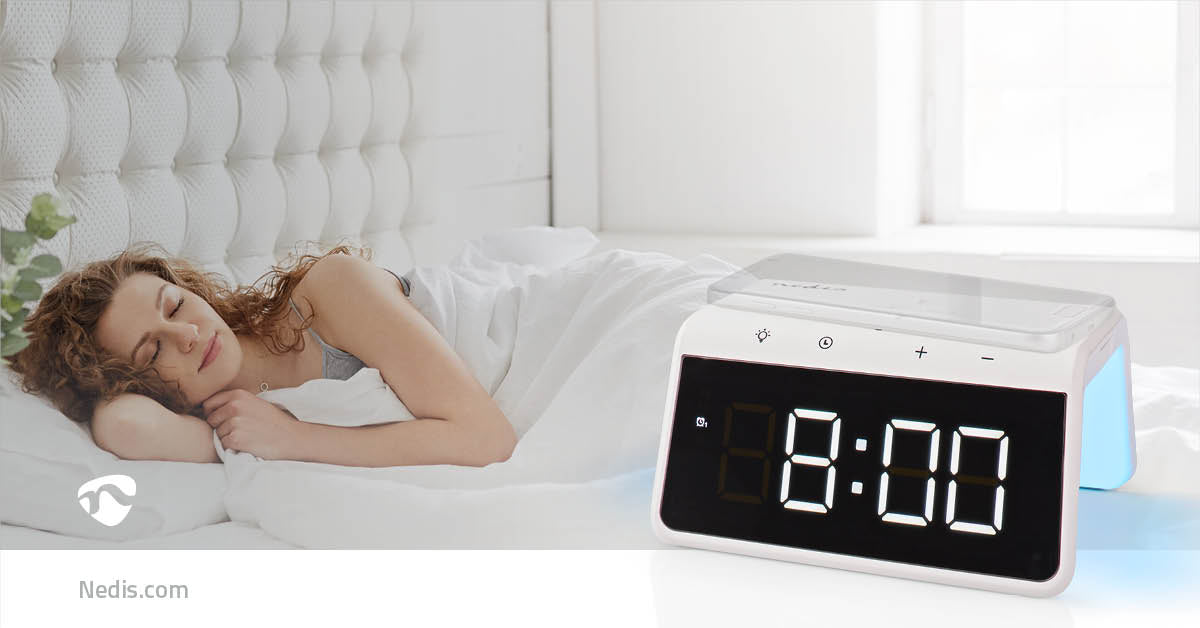 Wecker Kabelloses Ladegreät | Qi zertifiziert | 5 / 7.5 / 10 / 15 W | USB-A Stecker | Nachtlicht | 2 Alarmzeiten | Snooze-Funktion