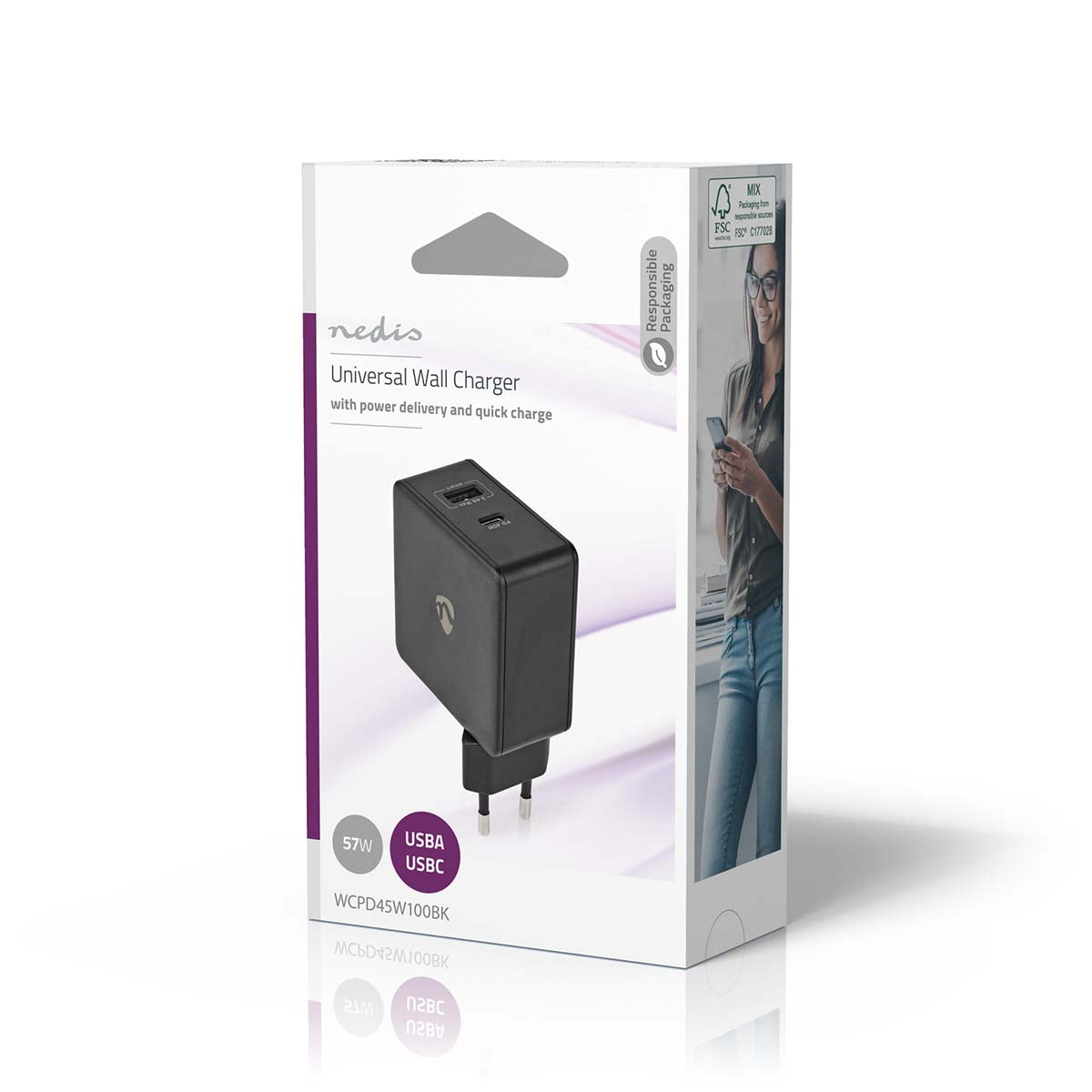 Netzladegerät | 57 W | Schnellladefunktion | 2.25 A / 2.4 / 3.0 A | Anzahl der Ausgänge: 2 | USB-A / USB-C™ | Kein Kabel im Lieferumfang enthalten | Automatische Spannungswahl