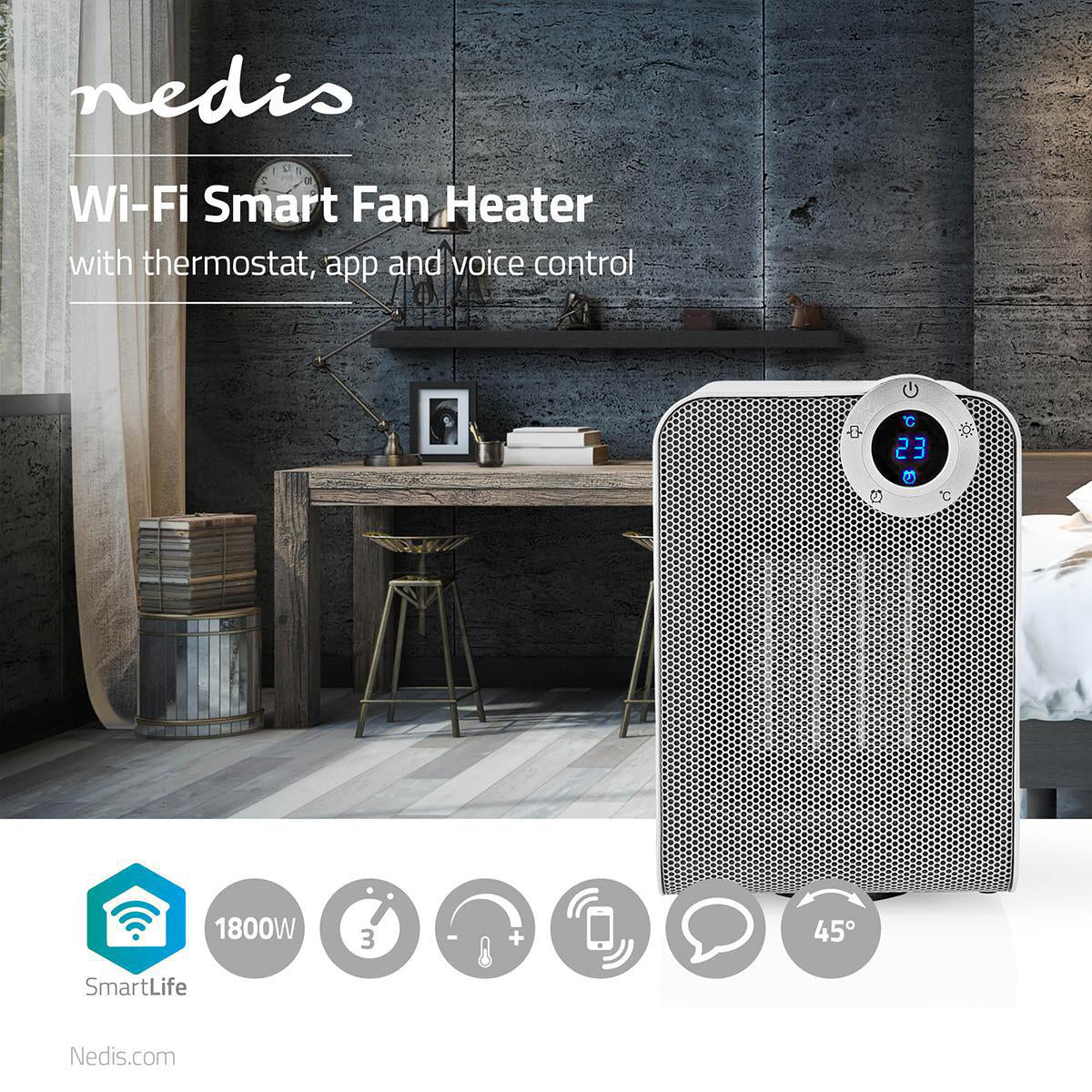 SmartLife Keramik-PTC-Heizlüfter | Wi-Fi | 1800 W | 3 Wärmeeinstellungen | Oszillation | Anzeige | 15 - 35 °C | Android™ / IOS | Weiss