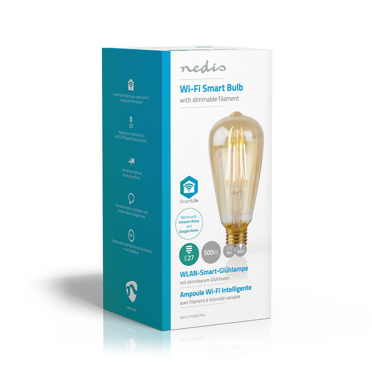 SmartLife LED Filament Lampe | Wi-Fi | E27 | 500 lm | 5 W | Warmweiss | 2200 K | Glas | Android™ / IOS | ST64 | 1 Stück