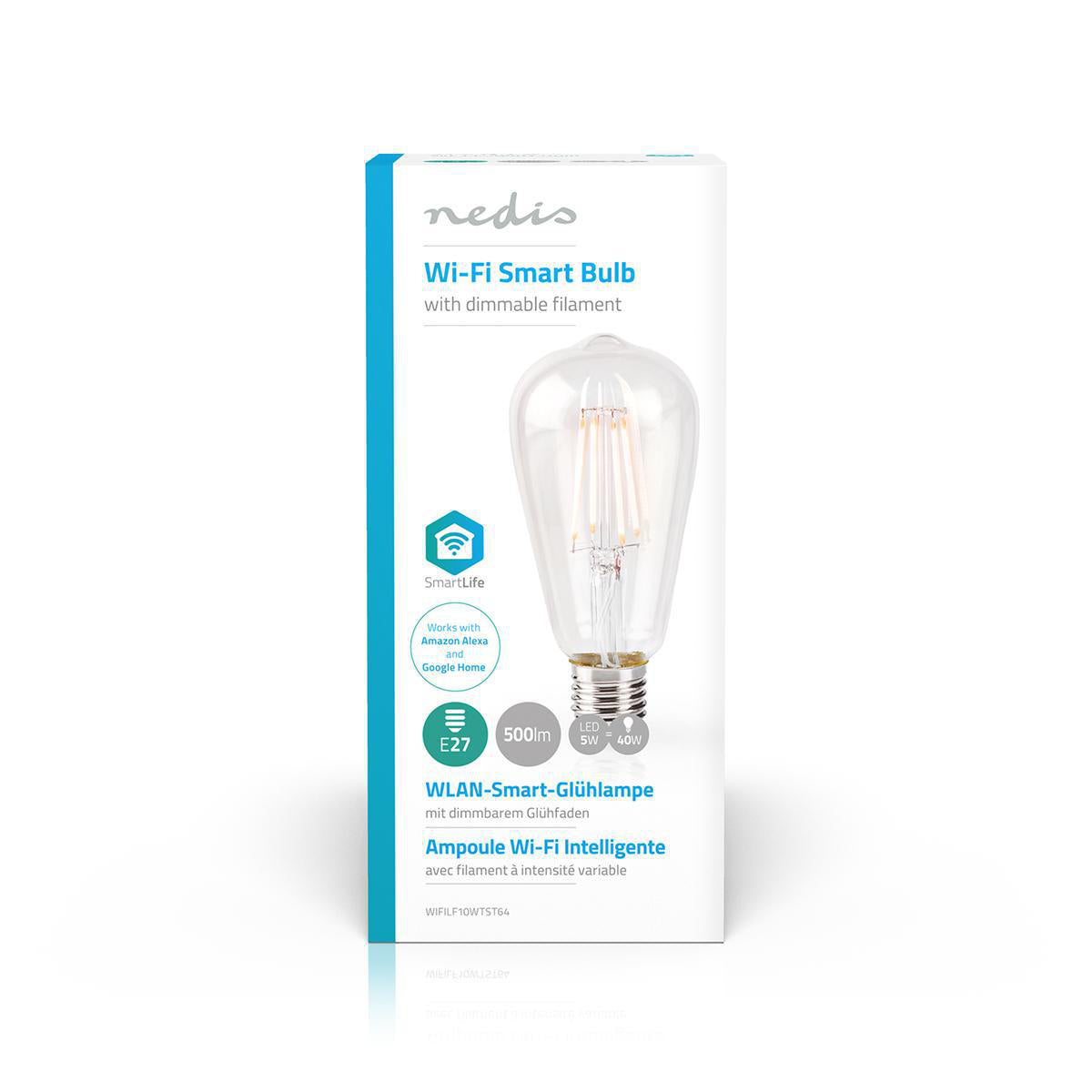 SmartLife LED Filament Lampe | Wi-Fi | E27 | 500 lm | 5 W | Warmweiss | 2700 K | Glas | Android™ / IOS | ST64 | 1 Stück