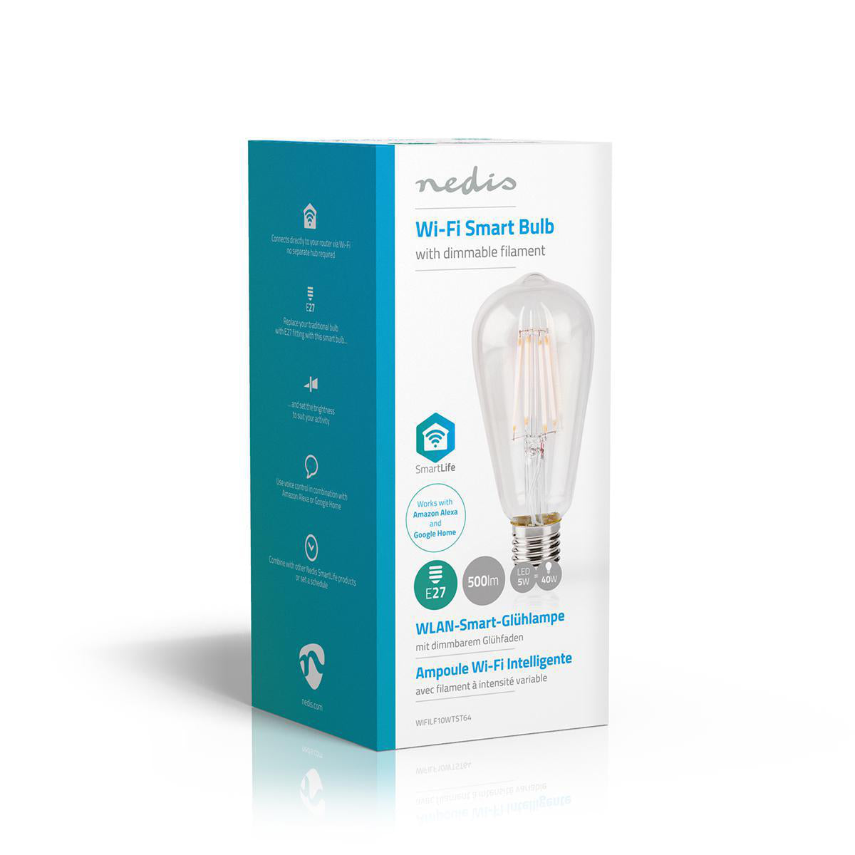 SmartLife LED Filament Lampe | Wi-Fi | E27 | 500 lm | 5 W | Warmweiss | 2700 K | Glas | Android™ / IOS | ST64 | 1 Stück